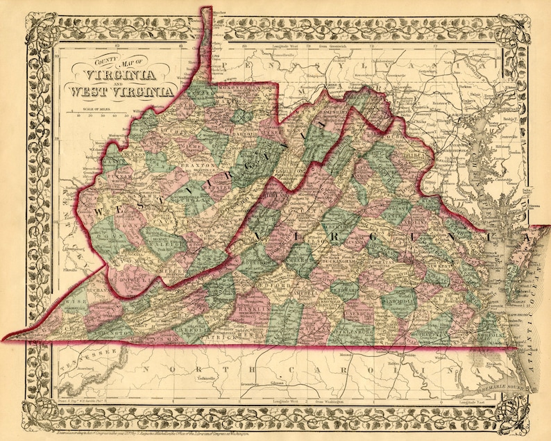 1877 county map of virginia and west virginia united states etsy