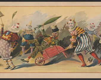 Show of Funny Clowns with a Dog Circus Children Having Fun Vintage Poster Repro on Matte Paper or Canvas FREE SHIPPING in USA