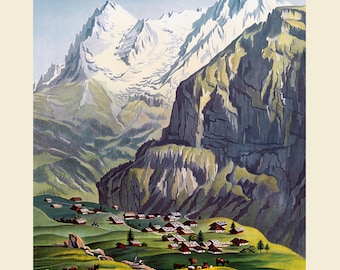 Switzerland Murren Walser Mountain Village in Bernese Oberland Landscape Travel Tourism Vintage Poster Repro FREE SHIPPING in USA