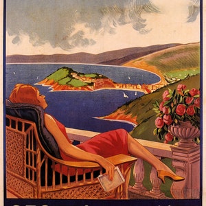 May include: A vintage travel poster advertising Sestri Levante, a town on the Italian Riviera. The poster features a woman relaxing in a wicker chair on a balcony overlooking a picturesque bay with a green island in the distance. The sky is a vibrant blue with fluffy white clouds and a bright sun. The text on the poster reads "Sestri Levante Riviera Ligure".