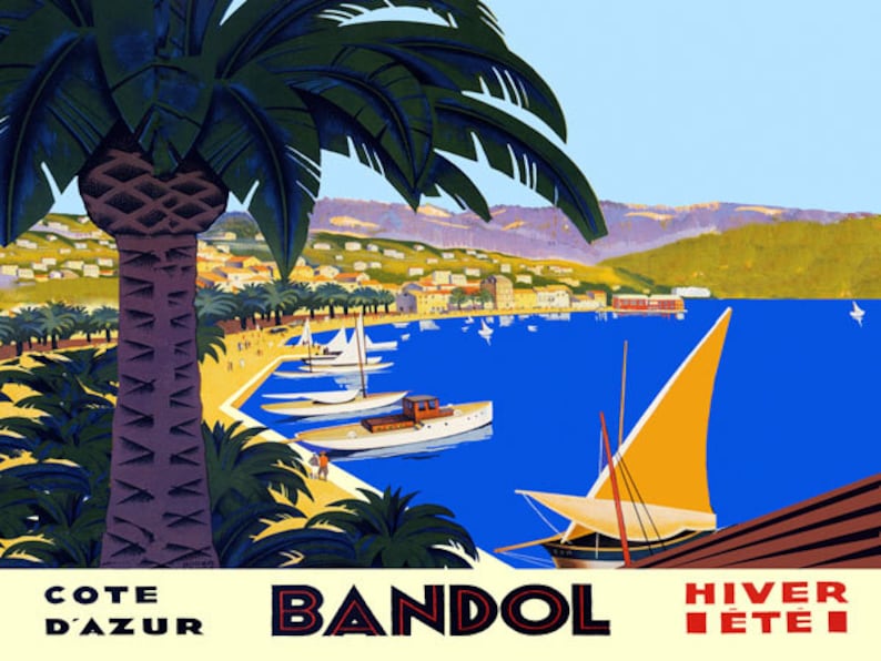 FRENCH TOURISM VILLEFRANCHE RIVIERA SAILBOAT FRANCE TRAVEL VINTAGE POSTER REPRO 