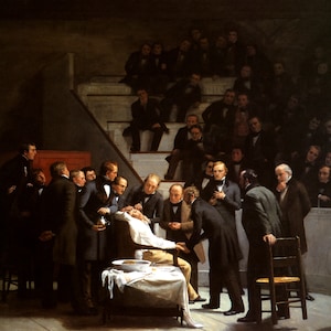 May include: A painting depicting a surgical operation in a dimly lit room. A group of men in dark clothing stand around a patient lying on a table. The patient is being operated on by a surgeon, while other men observe the procedure. The painting is a historical depiction of a surgical operation in the 19th century.