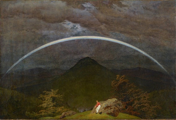 Paysage de montagne avec un marcheur arc-en-ciel au repos 1810, peinture  allemande de Caspar David Friedrich reproduction sur papier mat ou toile S/H