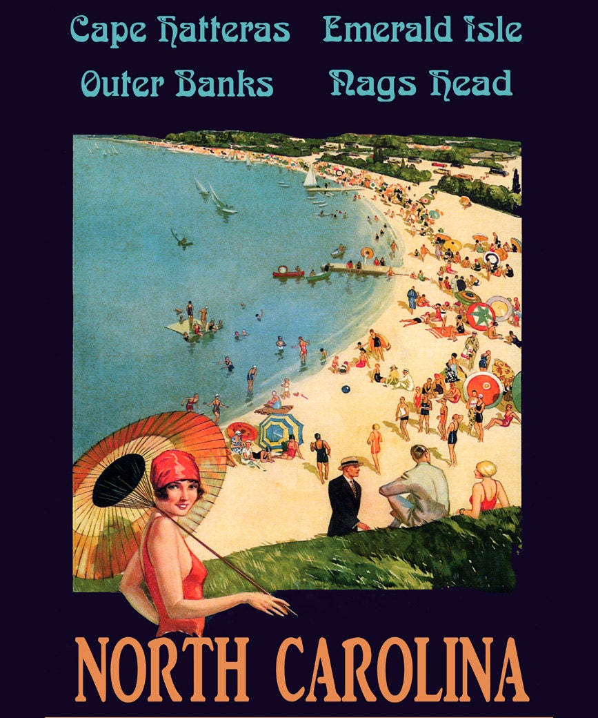 North Carolina Cape Hatteras Emerald Isle Outer Banks Nags Head Vintage  Poster Repro FREE SHIPPING in USA Standard Image Sizes for Framing, image size:867x1040