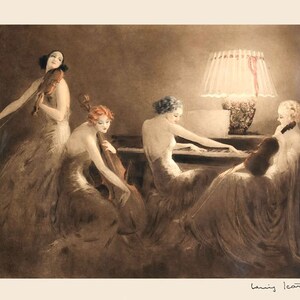 May include: Four women in a dimly lit room playing musical instruments. One woman plays the piano, another plays the cello, and two women play the violin. The room is decorated with a lamp with a white lampshade.
