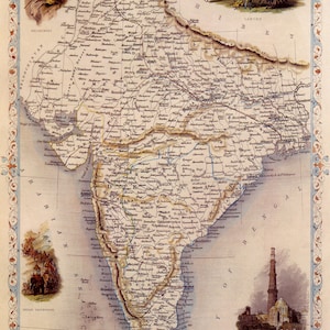 Inde britannique des années 1800, New Delhi, Bombay, Thibet, Himalaya, carte, vue à vol d'oiseau, tourisme, voyage, affiche vintage, livraison gratuite aux Etats-Unis