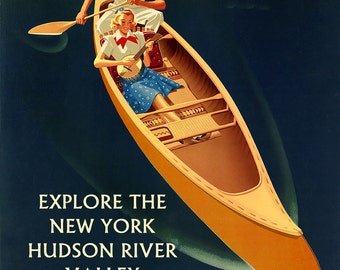 New York Hudson River Couple Canoe Explore Valley American Travel Vintage Poster Repro FREE SHIPPING in USA Standard Image Sizes for Framing