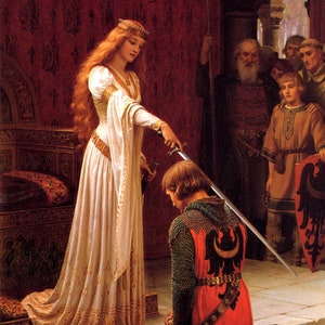 The Accolade Medieval Queen Giving Title of Knight to Young Man Lancelot and Guinevere By Leighton on Matte Paper or Canvas FREE S/H in USA