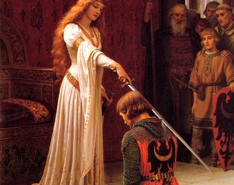 The Accolade Medieval Queen Giving Title of Knight to Young Man Lancelot and Guinevere By Leighton on Matte Paper or Canvas FREE S/H in USA
