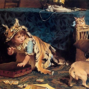 Little Girl in Tiger Skin Playing with Dog and Cat Children 1877 Painting By Charles Burton Barber on Paper or Canvas FREE SHIPPING in USA