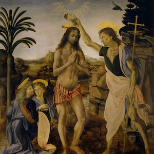 Baptism of Jesus Christ With Angels Painting By Leonardo da Vinci on Paper or Canvas FREE SHIPPING in USA