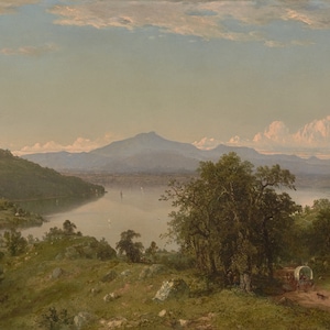 May include: A painting depicting a landscape scene with a lake, mountains, and trees. The lake is in the foreground, with a small boat sailing on it. The mountains are in the background, with a hazy blue sky above them. The trees are on the sides of the lake, with a path leading through them.