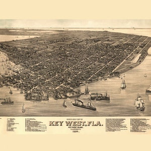 Carte Key West, Floride, vue aérienne, voilier, plages, océan, voyage américain, tourisme, affiche vintage, reproduction sur papier mat, livraison gratuite aux Etats-Unis