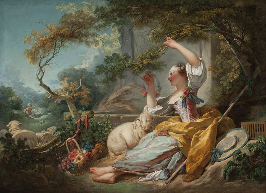 絵画/【Lady GG】 Jean Honore Fragonard Girl The Shepherdess Sheep Farm Amazing