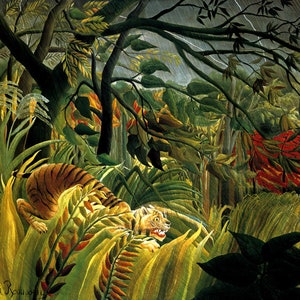 Tiger in a Tropical Storm Pounce on its Prey Surprised Lightning Jungle Painting by Henri Rousseau on Matte Paper or Canvas FREE S/H in USA