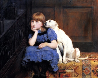 Sympathy Little Girl being Comforted By Her Dog Children 1878 Painting By Briton Riviere Repro on Matte Paper or Canvas FREE SHIPPING in USA