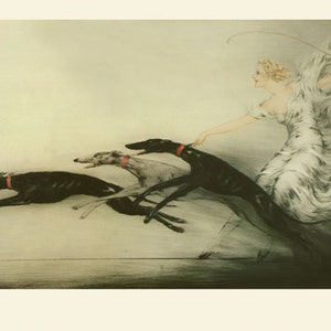 Icart Art Deco Fashion Lady  with Greyhound Speed Dogs by Louis Icart French Vintage Poster Repro on Matte Paper or Canvas FREE S/H in USA