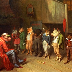 May include: A painting of a group of anthropomorphic animals in a classroom setting. A human-like figure with a red and white striped coat sits on a chair and observes the animals. The animals are dressed in clothing and have human-like expressions. The animals include a fox, a cat, a rabbit, a pig, and a beaver.