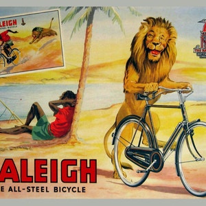Bike Raleigh Man Fishing Lion Stealing an all Steel Bicycle Cycle Cycling Vintage Poster Repro on Matte Paper or Canvas FREE SHIPPING in USA