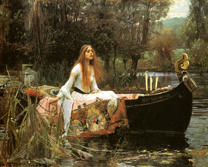 May include: A painting of a woman in a white dress sitting in a boat on a river. The woman has long red hair and is looking to the right. The boat is dark brown and has a golden prow. The river is calm and there are trees on both sides of the river.