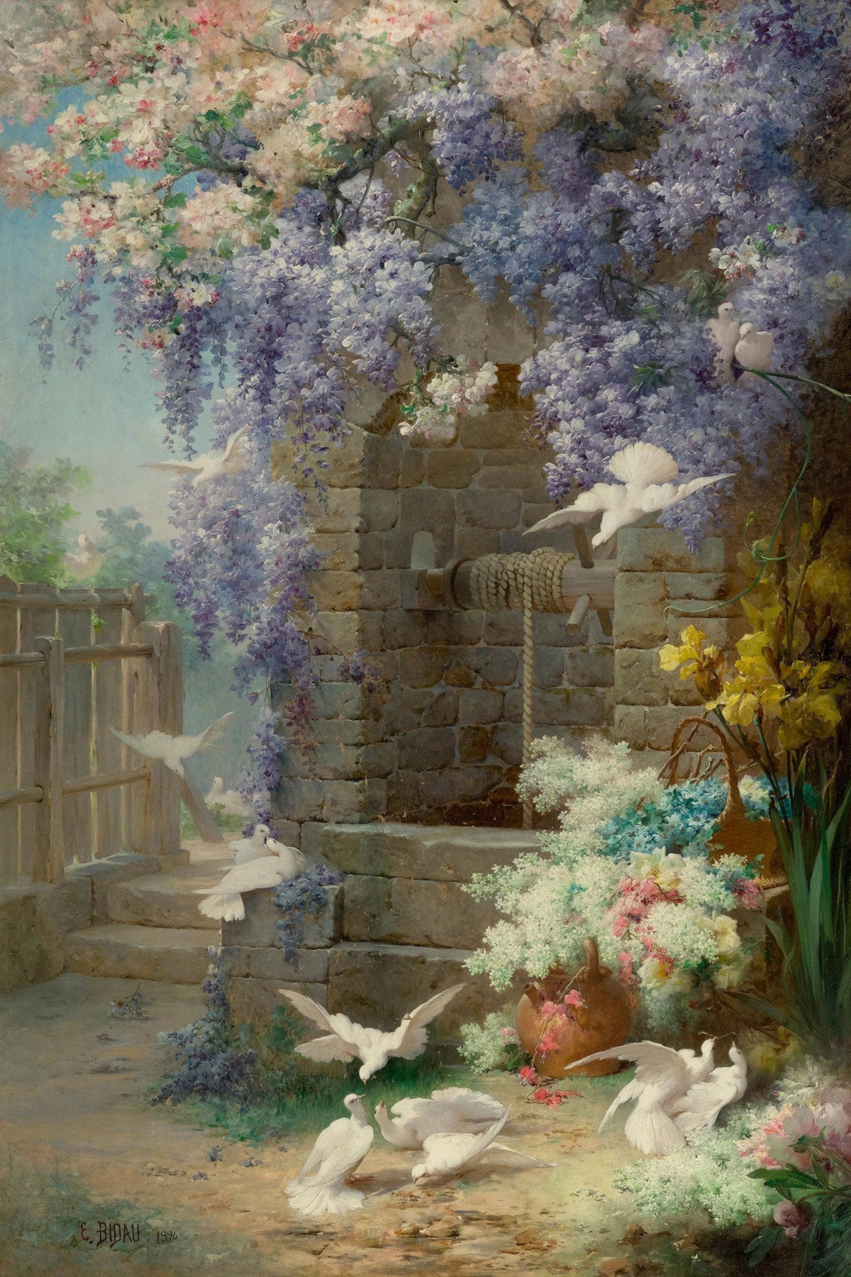 Le Printemps Spring Flowers Cherry Blossom Purple Wisteria White Doves Painting by Eugene Bidau Repro Matte Paper or Canvas FREE S H in USA Etsy