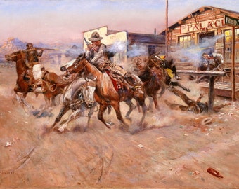 Smoke of a .45 Shooting Cowboy Horses Bar American West Painting By Charles Marion Russell Repro on Matte Paper or Canvas FREE S/H in USA