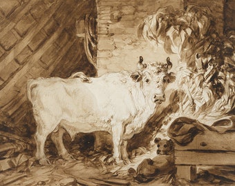 Jean Honore Fragonard White Bull and a Dog in a Stable Farm Amazing Quality Repro on Matte Paper or Canvas FREE SHIPPING in USA