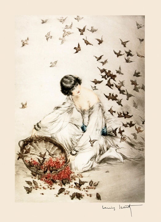 Icart Art Deco Lady Feeding Birds by Louis Icart Toulouse France