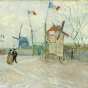 May include: A painting of a street scene with a windmill in the background. There are people walking on the street, and a small cart with a windmill on top is parked on the side of the road. The painting is done in a style reminiscent of Vincent van Gogh, with bold brushstrokes and bright colors.