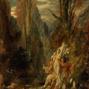 May include: A painting depicting a mythological scene with a woman being carried by a centaur through a forest. The woman is wearing a white robe and the centaur is brown and white. The background is a lush forest with a rocky cliff face.