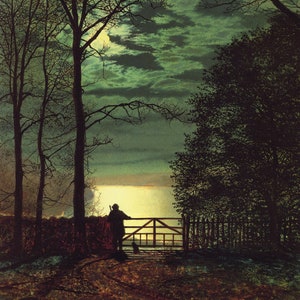 Under the Hollies Roundhay Park Leeds Man Dog Moonlight Painting By John Atkinson Grimshaw Repro Matte Paper or Canvas FREE SHIPPING in USA