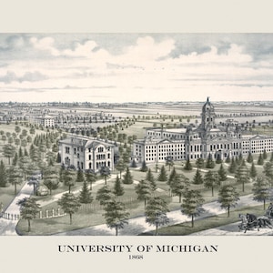 Map University Michigan 1868 in Ann Arbor Bird&#39;s Eye View American Vintage Poster Repro on Matte Paper FREE SHIPPING in USA