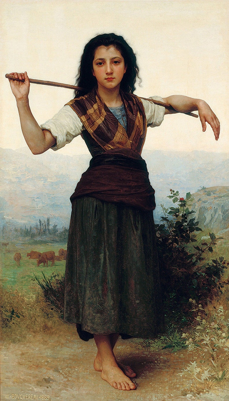 William Adolphe Bouguereau Girl The Little Shepherdess Sheep Amazing Quality Repro on Matte Paper or Canvas FREE SHIPPING in USA immagine 1