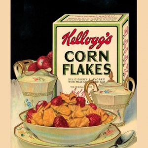 May include: A vintage advertisement for Kellogg's Corn Flakes cereal. The image shows a bowl of cereal with strawberries, a box of cereal, and a creamer and sugar bowl. The text on the box reads "Kellogg's Corn Flakes, Deliciously Flavored with Malt, Sugar and Salt, The Original."