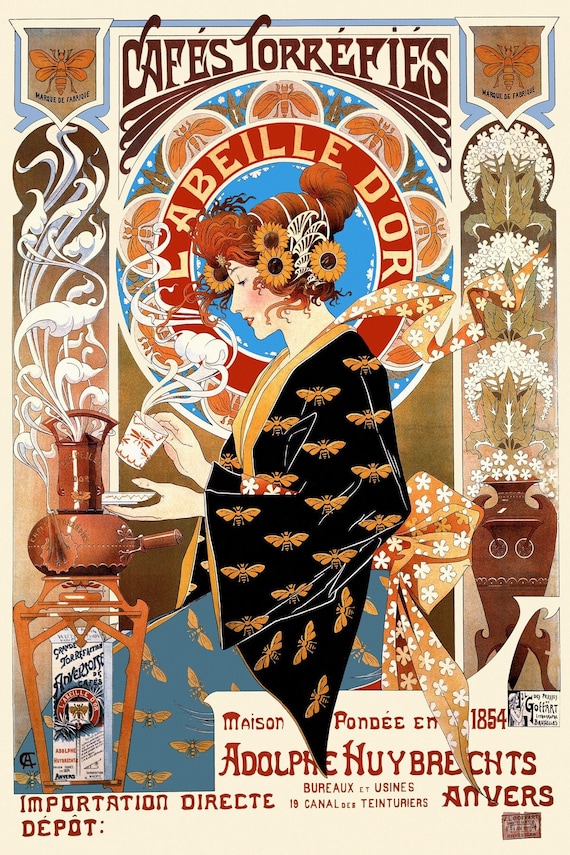 Girl Flowers Coffee Cafes 1854 Torrefies American Breakfast France French Art Nouveau Fine Decoration Vintage Poster Free Shipping in USA Etsy