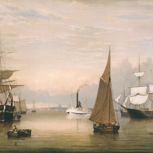 Boston Massachusetts Harbor Sunset 1856 Sailing Ship Painting By Fitz Henry Lane Travel Tourism on Paper or Canvas FREE SHIPPING in USA