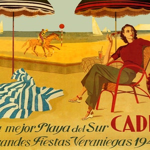 Spain 16&quot;x20&quot; Cadiz Lady Beach Horse Dance 1948 Spanish Travel Tourism Vintage Poster Repro on Matte Paper or Canvas FREE SHIPPING in USA