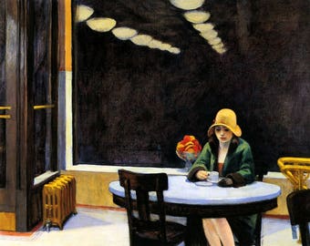 Edward Hopper Automat Lady Seated Cafe Bar Gold Hat Vintage Poster Repro on Matte Paper or Canvas FREE SHIPPING in USA Shipped Rolled Up