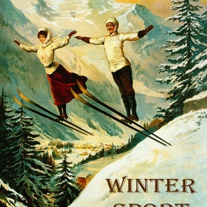 North Conway New Hampshire Couple Ski Jumping Winter Sport Skiing Like Nothing on Earth Mountains Travel Vintage Poster Free Shipping in USA