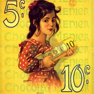 Beautiful Girl Eating Holding Chocolate Chocolat Bars Having Fun French France Food Vintage Poster on matte paper or canvas FREE S/H in USA