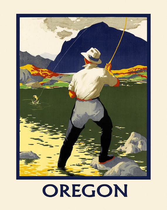 Oregon Fish Fly Fishing North America Sport Travel Tourism Fine Vintage  Poster Repro FREE SHIPPING in USA Standard Image Sizes for Framing