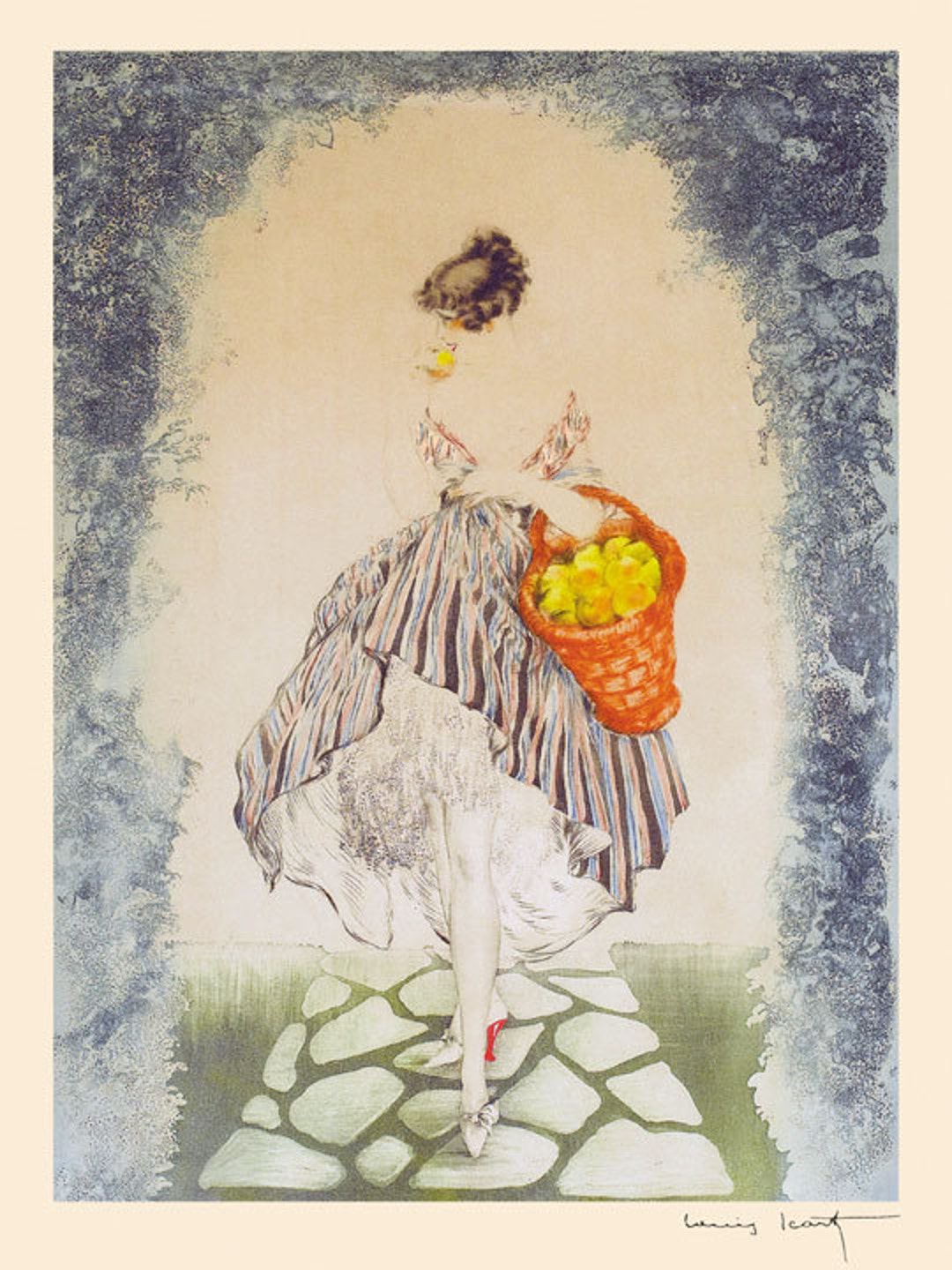 Icart Fashion Lady Basket Fruits Peach by Painter Louis Icart Fine