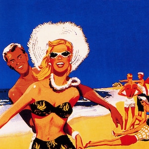 Fashion Couple Visit Sunshine Beach in Calabria Italy Italia Italian Vacation Travel Tourism Vintage Poster Repro Free Shipping in USA
