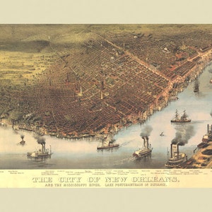 Map New Orleans Louisiana and The Mississippi River 1800's American Travel Tourism Vintage Poster Repro on Matte Paper FREE SHIPPING in USA