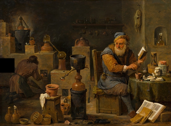 The Alchemist Working Chemical Reaction Study Books Painting by