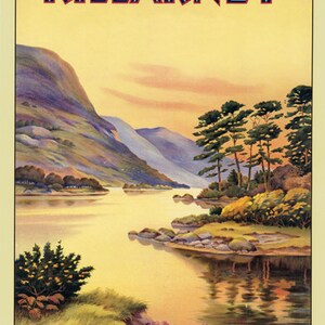 May include: A vintage travel poster advertising Killarney, Ireland, with a scenic view of a lake surrounded by mountains and trees. The poster features the text "Killarney" in bold blue and red letters and "Great Southern Rys. (Ireland)" in blue letters.