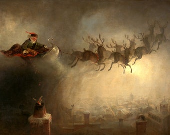 Santa Claus Sleigh and Reindeer Christmas Eve Gifts Chimney Painting By William Holbrook Beard Repro Matte Paper or Canvas FREE S/H in USA