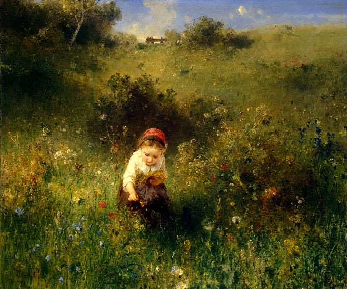 Little Girl in A Field Picking Wild Flowers Landscape Garden 1857