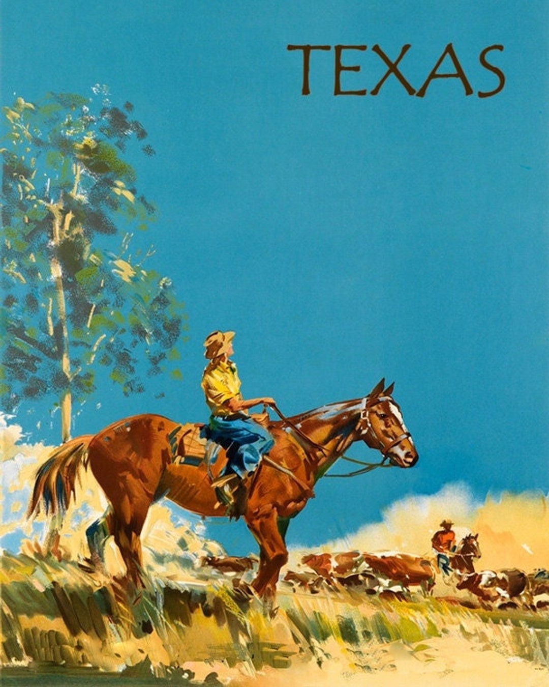 Texas 16"x20" Cowboy Horse Riding Cattle Farm Travel Tourism American ...