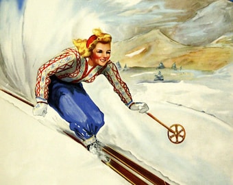 May include: A woman in a red and white patterned sweater skis down a snowy slope with a mountain in the background. The text "MONT-TREMBLANT QUEBEC" is at the bottom of the image.